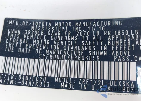 2017 Toyota Corolla Se z USA, uszkodzony, nr VIN 5YFBURHEXHP606859